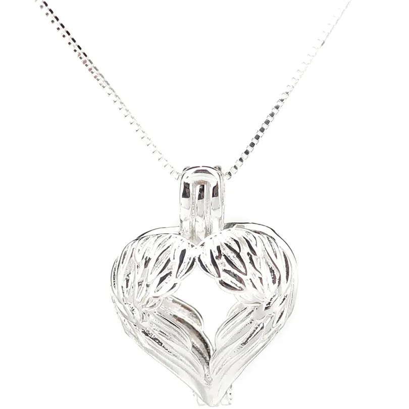 925 Sterling Silver Pick a Pearl Cage Feather Wing Heart Beauty Locket Pendant Necklace Boutique Lady Gift K988