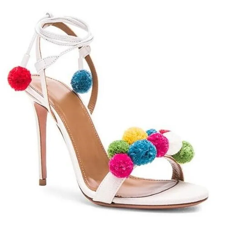 Women s Open Toe Stiletto Heel Sandals with Pom Poms Lace Up Gladiator Design PU Leather Silver Gold Red White 2024 Party Shoes