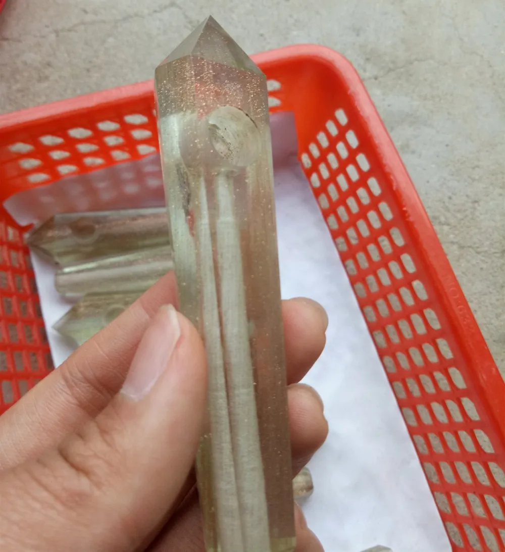 1 pièces joli fil d'or fusion pierre cristal baguette tuyau tabac doré quartz éperlan tube guérison avec treillis métallique 3.8-4.2 pouces