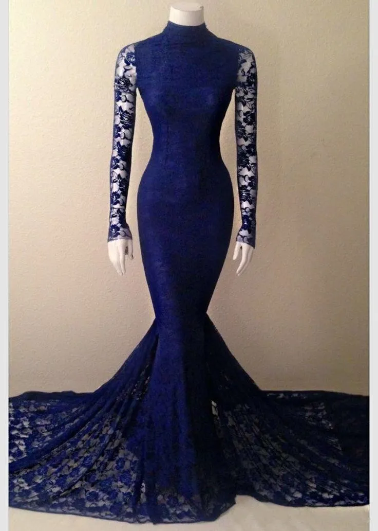 2018 azul royal lace sereia vestido de baile de alta necktailtail trem tribunal sheer manga longa vestidos de noite formais
