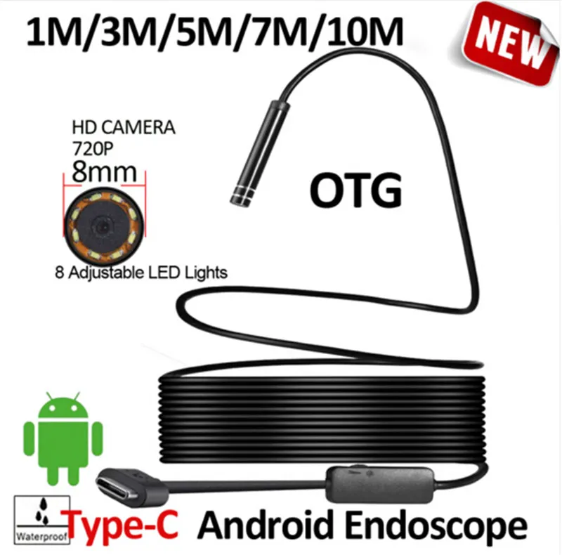8mm OD 2MP 8LED 10M 5M Android USB Typ C Endoskop Kamera Flexible HardWire Festkabel Fahrzeug Rohrinspektionskamera