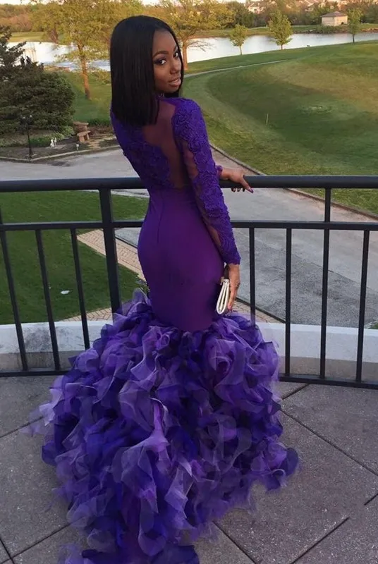 Abiti da sera a maniche lunghe viola africano Collo trasparente Appliques in pizzo Tulle a strati Abito da ballo a sirena Vestidos Abiti da festa ragazze nere