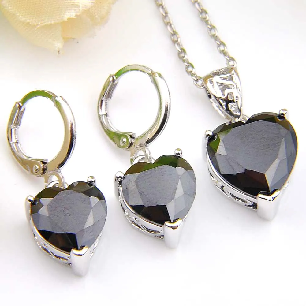 6 Sets/Lot Halloween Gift Black Onyx Cubic Zirconia Heart-shaped 925 Silver Jewelry Sets Fashion Party Pendants Necklaces Earrings