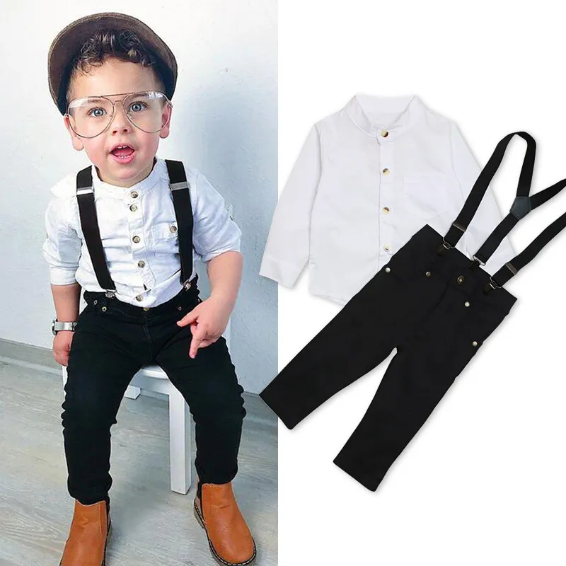 子供たちの男の子紳士服ベビーシャツトップ+サスペンダー+パンツ3個/セット秋の子供服セット2色C5415