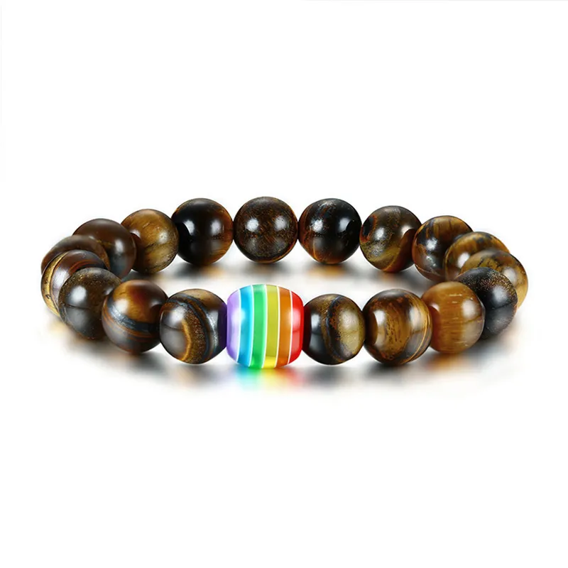 Fashion Gay Rainbow Bead Charm Tiger Eye Stones Beaded Bracelets for Women Men Stretch Unisex Beaded Jewelry