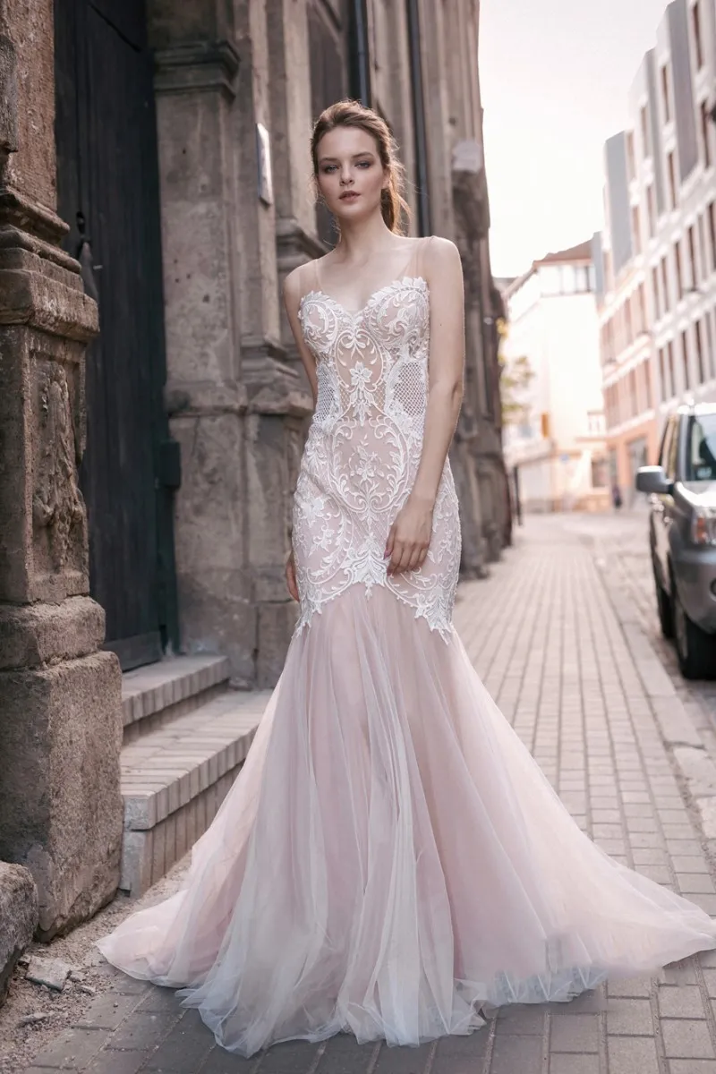 pink lace mermaid wedding dress Charming Sweetheart Sleeveless Long Mermaid Wedding Dress with Appliques