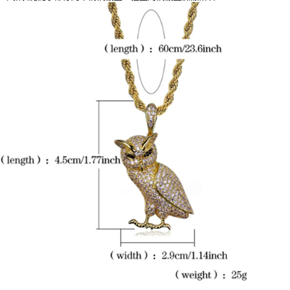 Collier pendentif hibou animal en acier inoxydable glacé de luxe avec chaîne de corde de 60 cm Micro pavé de zircone cubique diamants simulés Pend310n