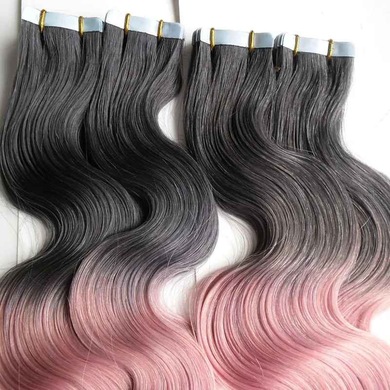 T1B/Pink Color Tape In Human Hair Extensions Machine Made Remy Brazilian Body Wave Hair 200G Ombre Skin Weft Hair Extensions