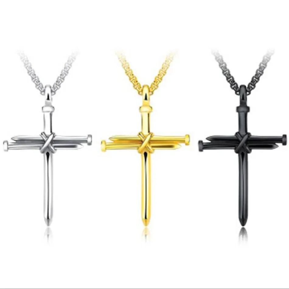 MIC 12pcs Fashion Nails Cross Alloy Charm Pendant Necklace For Male Jewelry Accessories 3-color selection