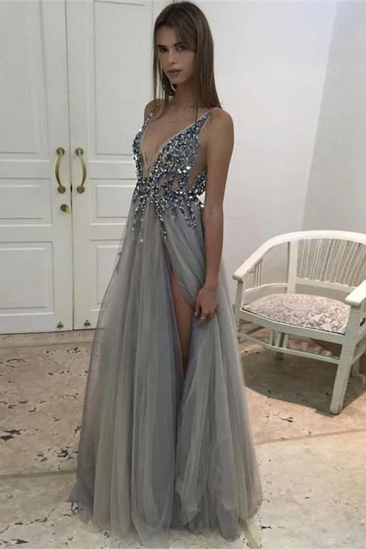 Shinning Sexy Prom Dresses Side Split Sequins Beading Deep V Neck Cocktail Dresses Evening Wear Tulle Backless Party Prom Clows HY189