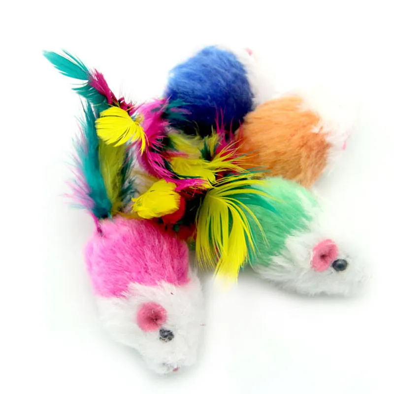 Fleece Mouse Cat Toy With Feathers Interactive Play For Cats & Kittens ...