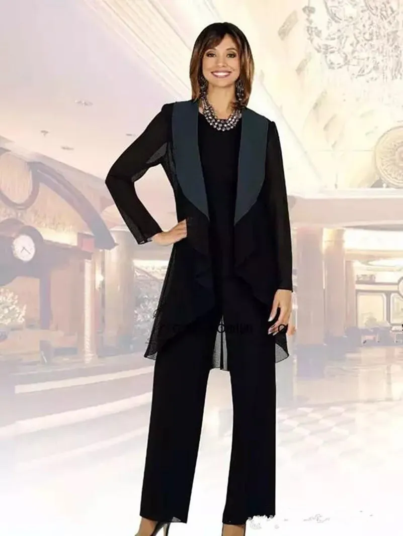 2018 Yeni Siyah Şifon Anne Gelin Takım Elbise Artı Boyutu Ucuz Anne Gelin Damat Pantolon Düğün Pantolon Suit Için Suit