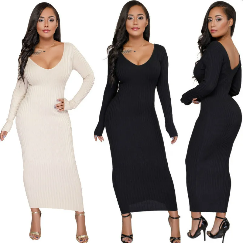 Jesień Zima Dzianiny Sweter Bodycon Sukienki Kobiety V Neck Długi Rękaw Ołówek Sexy Midi Suknie Elastyczne Slim Long Dress Club Nosić Vestido