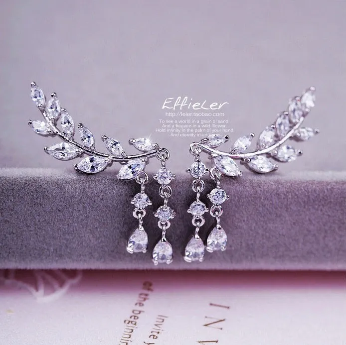 Hot New fashion Pretty New sweet flash diamond popular leaf leaves tassel crystal drops Earring HJ179