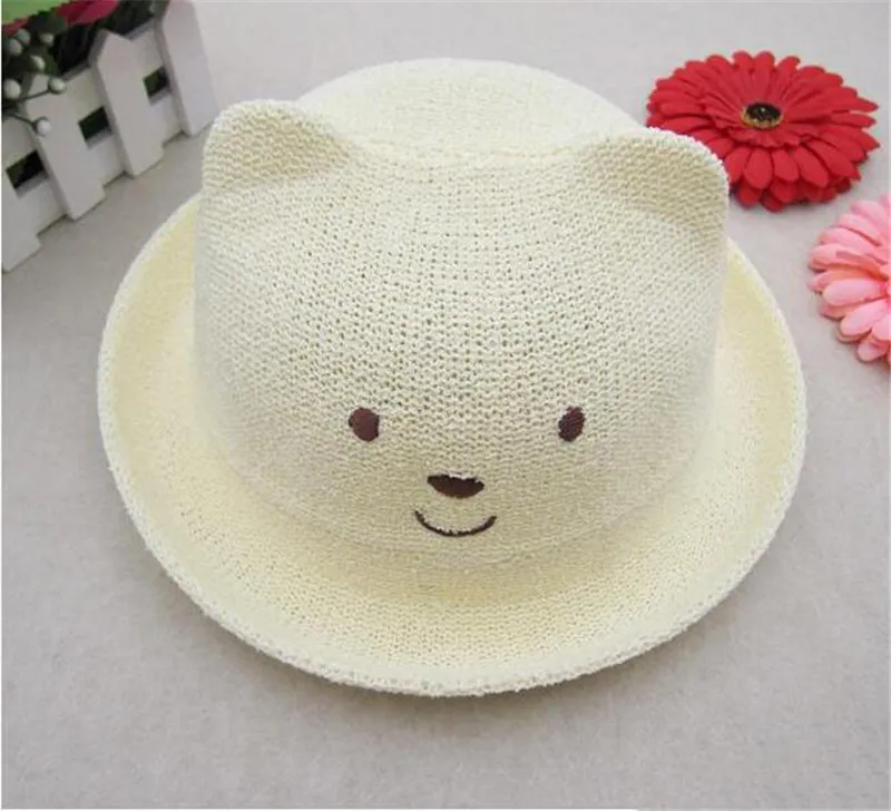 Cute Bear Kids Summer Panama Hats Colorful Girls Luffy Straw Hat Anti-Sunshine Straw Hat Outdoor Beach Lovely Round Baby Sun Hat TO601