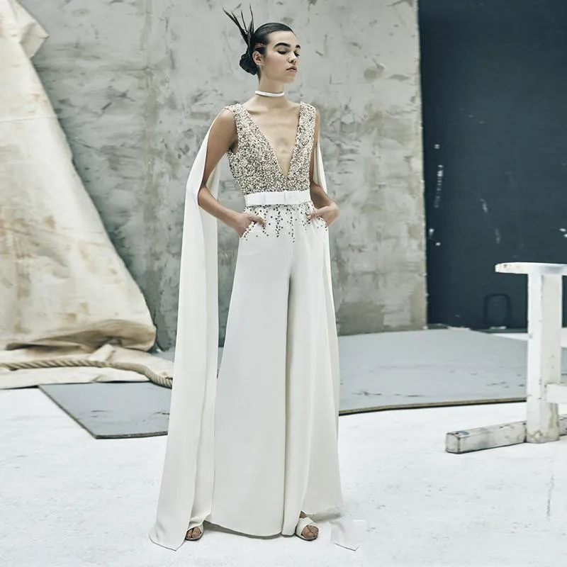 특별 디자인 엘리 Saab Jumpsuit Prom Dresses Sheer Sequins Sequins v 넥 정식 이브닝 가운 랩 사우디 스타일 리셉션 복장