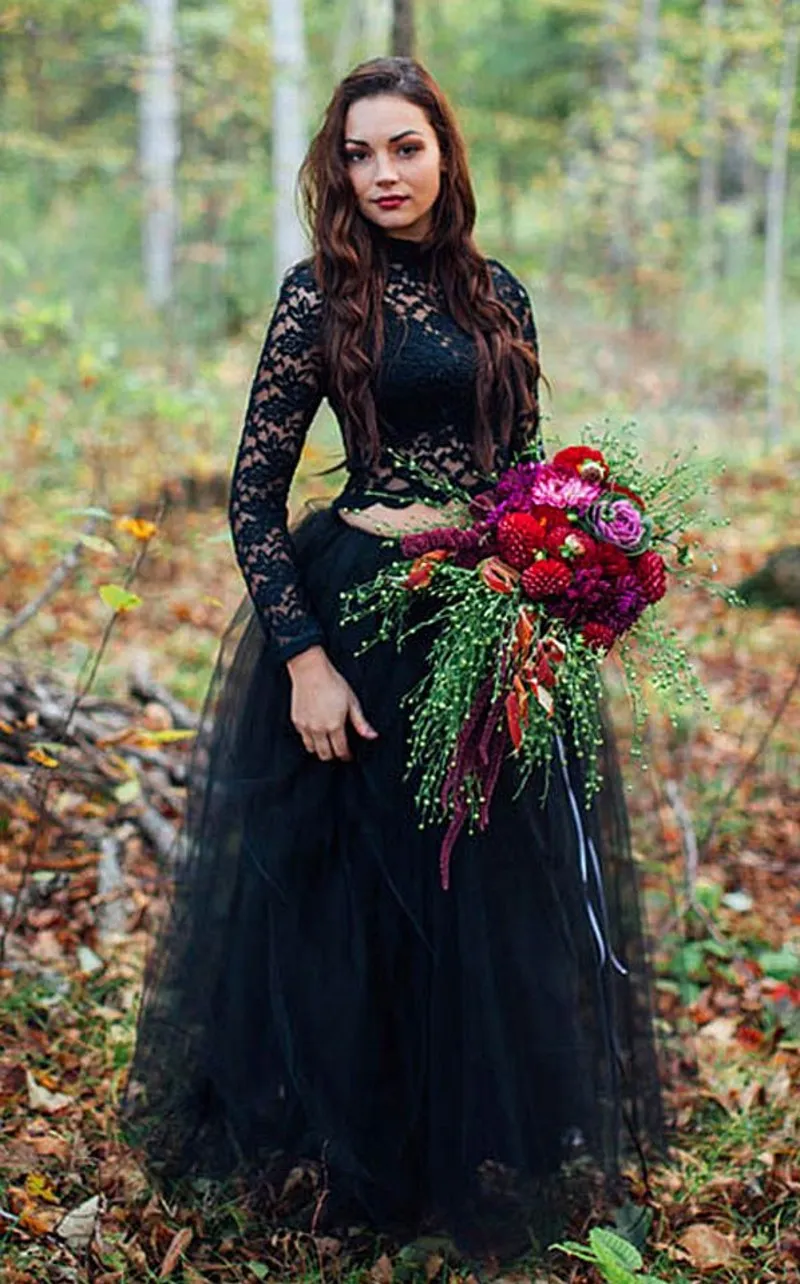 2 Pieces Gothic Black Colorful Wedding Dresses With Color Lace Top Tulle Skit Floor Length Boho Informal Bridal Gowns Custom Made