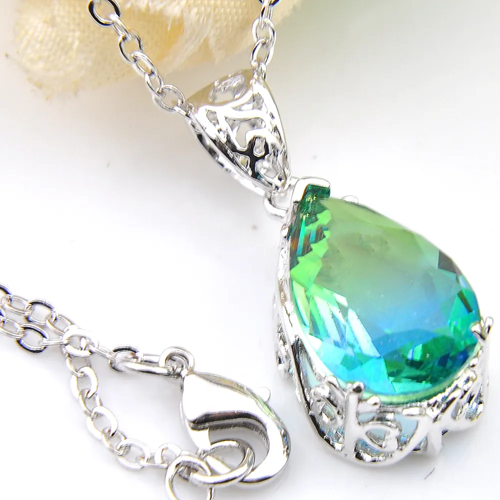 Luckyshine Vogue mujer gota de agua sandía turmalina colgante gemas 925 collar de plata esterlina regalo joyería