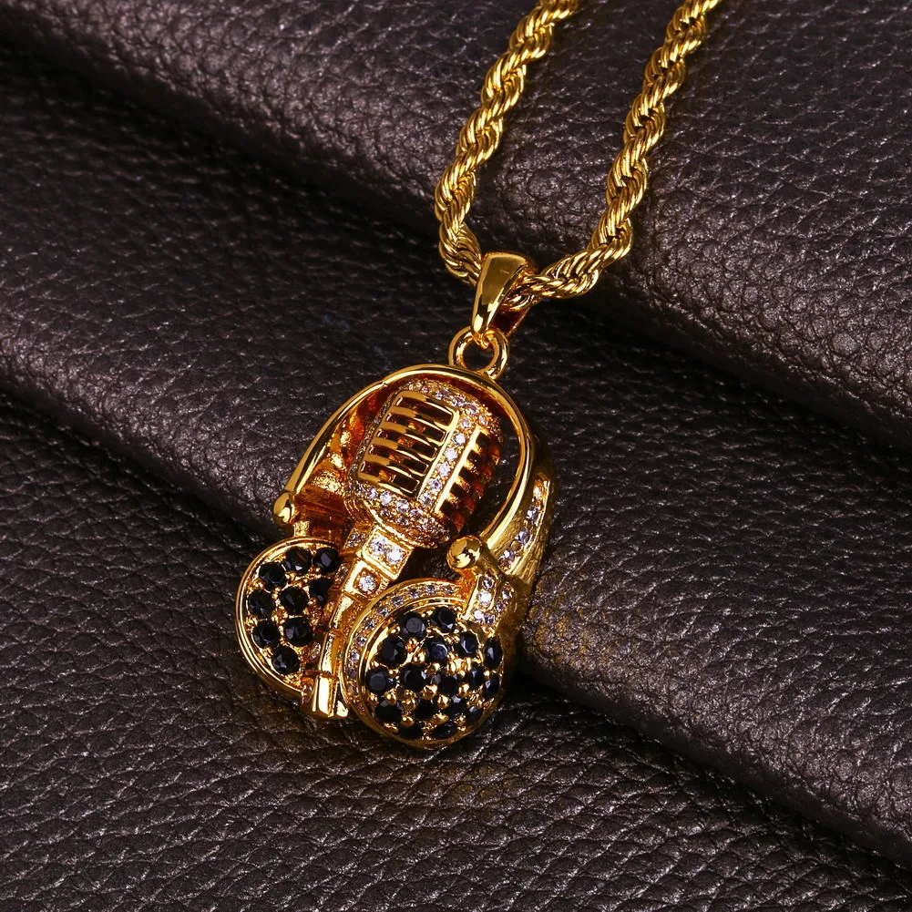 Hip Hop Men Gold 24 Inch Chain Cubic Zircon Music Head Microphone Pendant Necklace Whole7157096