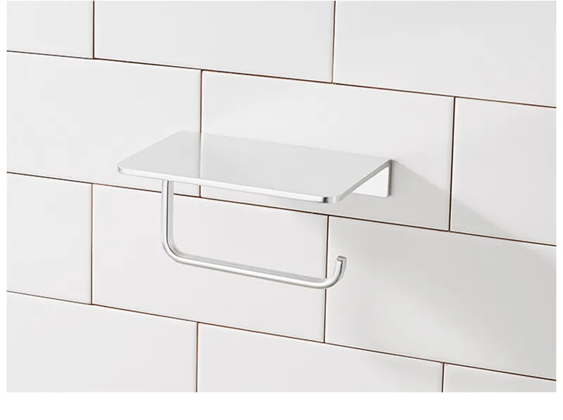 Zilveren zwarte ruimte aluminium papierhouder met mobiele telefoon plank toiletpapier houder waterdichte wandgemonteerde badkamer toiletpapierhouder