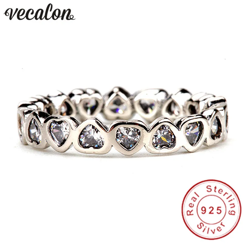 Vecalon joyería en forma de corazón 925 anillo de plata esterlina 5A Zircon Cz Diamont anillos de boda de compromiso para mujer regalo nupcial