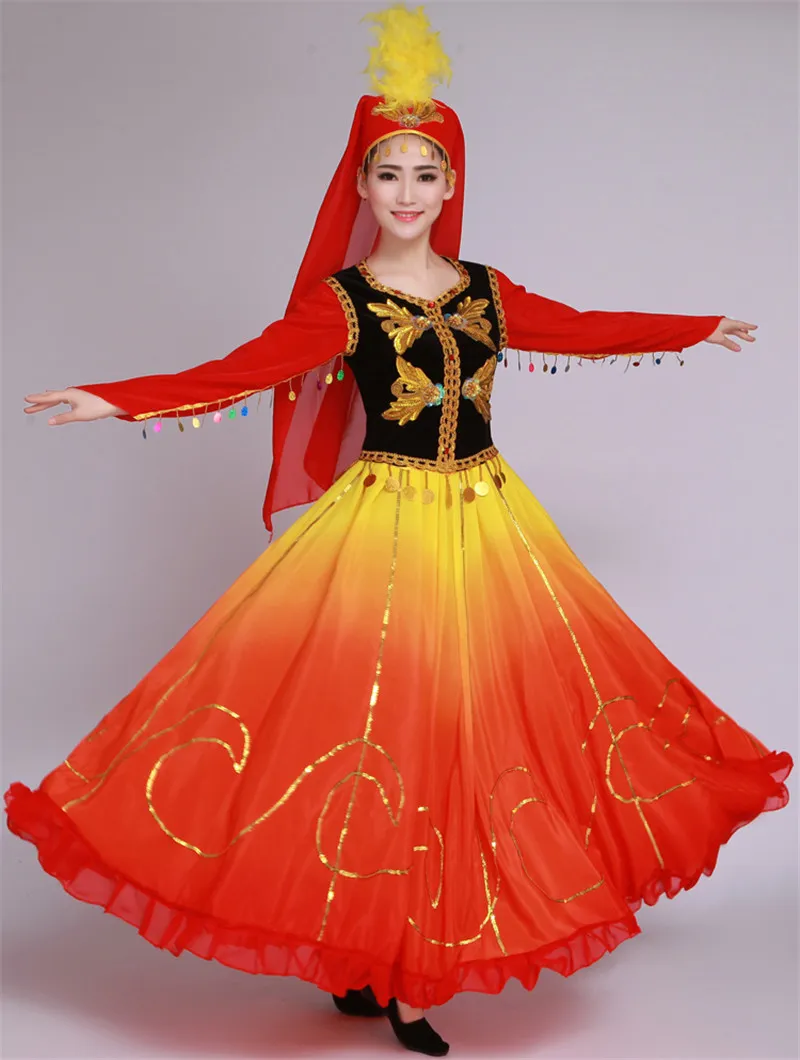 Neue Art Xinjiang nationale weibliche Kleidung orientalische Tanzkostüme Bühnenkleid bunte Performance-Kleidung chinesische Tanzkostüme