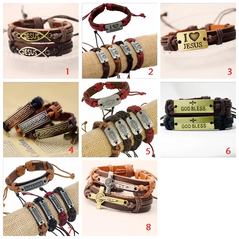 Korsarmband Partihandel Nya Smycken Jag älskar Jesus Fashion Leather Charm Bracelet Lover Gift Christian Mens / Women Bracelets 8 stilar