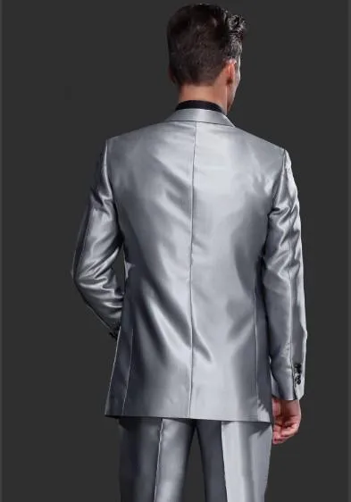 Bästa populära One Button Silver Grey Groom Tuxedos Groomsmen Män Formell Passar Business Prom Passar Skräddarsy Jacka + Byxor + Tie Nej; 62