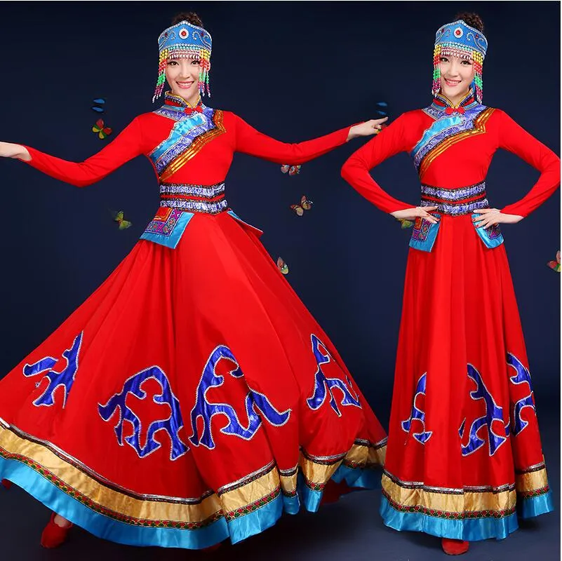 Robe longue rouge robe mongole vêtements de danse traditionnelle vêtements de performance de scène classique costumes de danse chinoise pour chanteurs