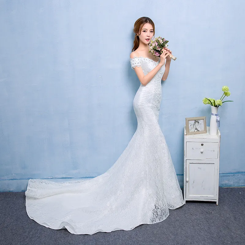 Foto reale sexy abito da sposa treno sirena 2018 nuovo stile coreano Smiple pizzo cristallo Fishtail sposa principessa estidos de noiva