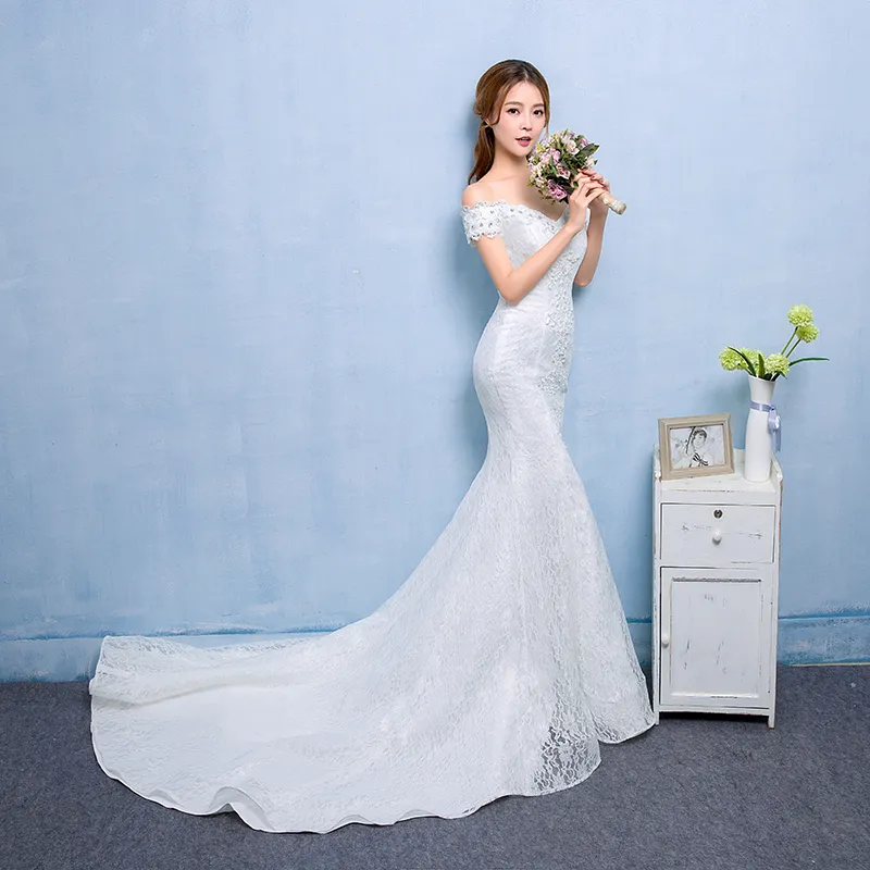 Real Photo Sexy Mermaid Train Wedding Dress 2018 New Style Korean Smiple Lace Crystal Fishtail Bride Princess estidos de noiva