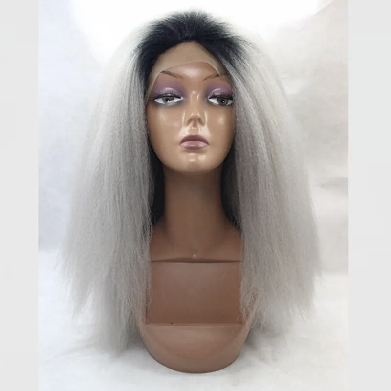 Perruque synthétique lisse et crépue grise ombrée noire avec raie centrale noire pour femmes 039s, cheveux synthétiques longs 22322706328025
