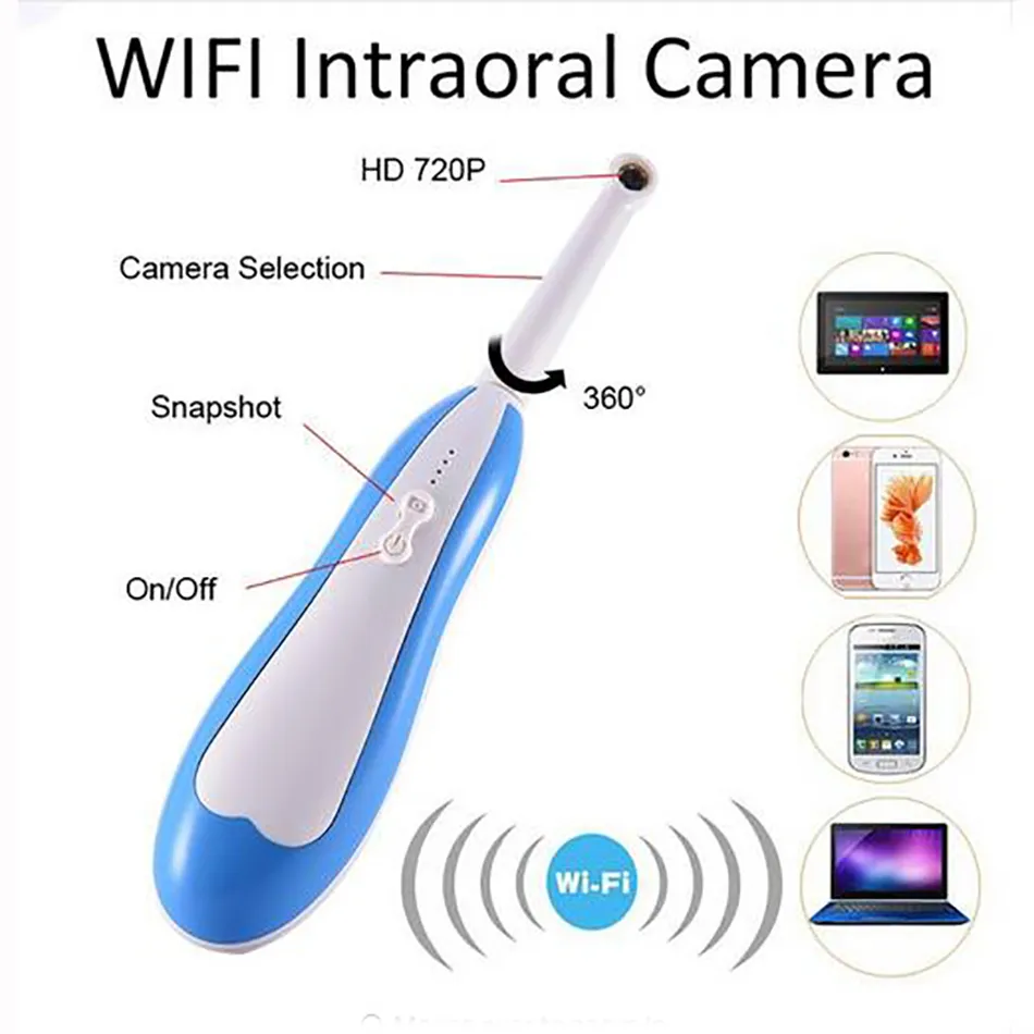 Telecamera intraorale wifi 2 in 1 hd 720p strumento wifi l'igiene orale ad alta definizione rotazione di 360° sistema operativo android ios windows