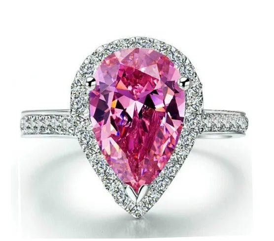 Brand Biżuteria Gruszka Cut Pink Birthstone 5a Cyrkon Kamień 925 Sterling Silver Wedding Band Pierścień dla kobiet US Rozmiar 5-11 Prezent