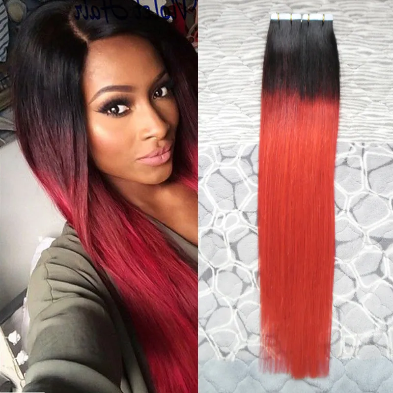 T1B / Rood Ombre Tape in Hair Extensions Remy 40 stks Braziliaanse rechte 18 "20" 22 "24" Huid inslagband Hair Extensions Human Tape Hair Extensions