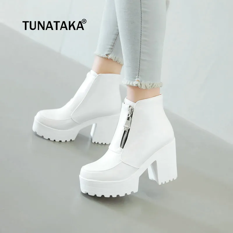 Black White Platform Ankle Boots for Women High Heel Boots Ladies Zipper Winter Booties 2018 Woman Shoes Plus Size Dropshipping