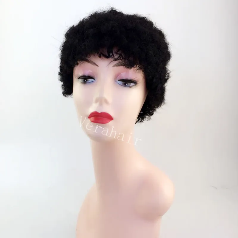 Mänskligt hår Afro Kinky Curly Short Cut Wigs Gluvlös Pixie Brazilian Full Machine gjorde ingen spets fram peruk