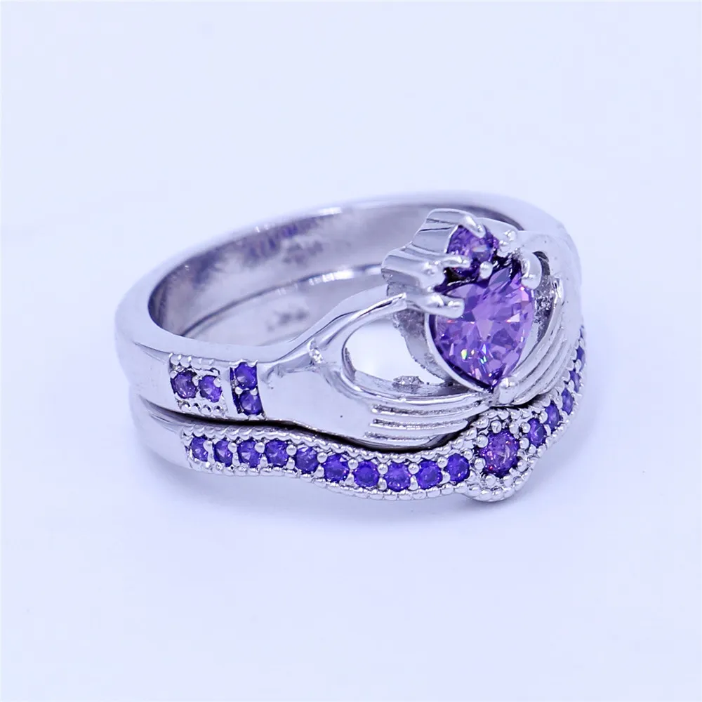 Classic Claddagh Ring Birthstone Smycken Bröllop Band Ringar Set för Kvinnor Lila 5A CZ Vitguld Fylld Kvinna Party Ring