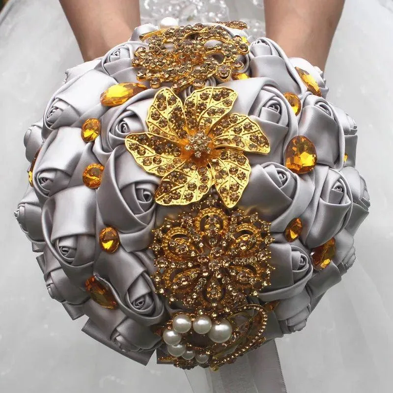 Magnifiques bouquets de mariée de mariage, fleurs brillantes en ivoire et or, Bouquet de mariage artificiel, nouveau bouquet scintillant en cristal de la mariée7624012