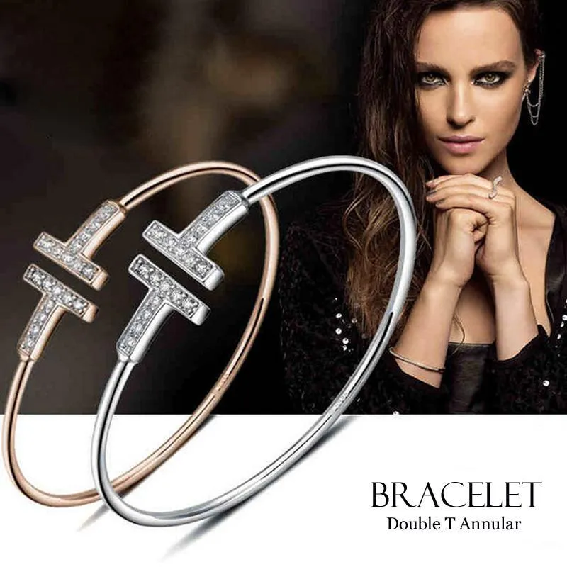 Top Quality Titanium Steel Double T Rose Gold Silver Diamond Luxury Designer Smycken Kvinnor Armband Bangle Men Armband