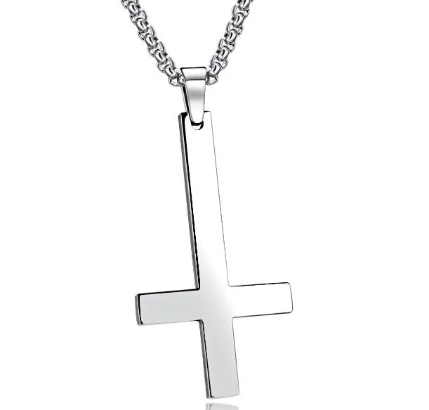 Välj silve guld svart färg Fashion Cross of St. Peter upp och ner korshänge rostfritt stål katolsk halsband Box Rolo kedja 3mm 24''