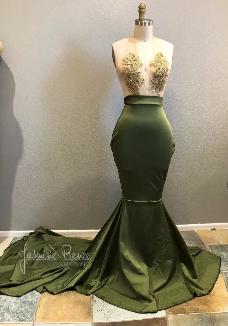 Olive Green Mermaid Prom Dresses V Neck Illusion Bodice Aplikacje Beading Satin Sexy Suknie Wieczorowe Party Suknie Sweep Pociąg