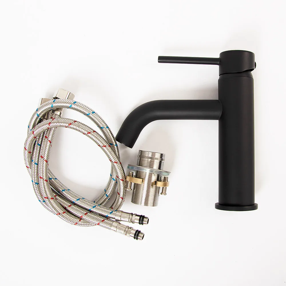 Matt Black Round Style Basin Water Tap Brass Bathroom Faucet Single Hole Deck Mount Water Mixer