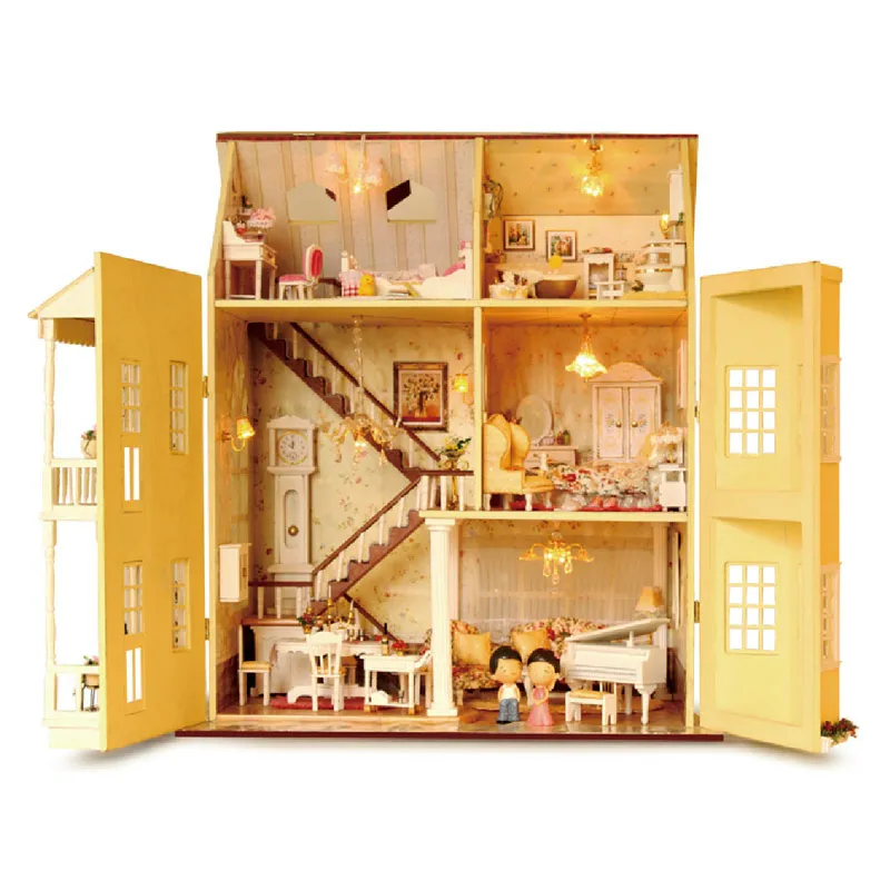 Maquette Maison Miniature DIY HIGSPE - Kit Puzzle 3D Avec LED Et Meubles En Bois Kit Bricolage Loft Bois Led