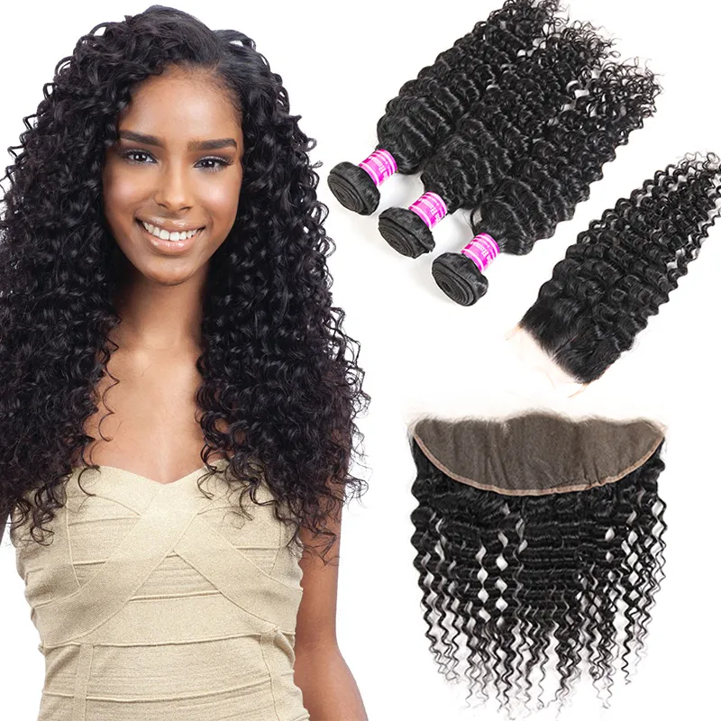 Vente en gros de cheveux vierges brésiliens Deep Wave 3 Bundles avec fermeture à lacet Frontal indien péruvien mongol Extensions de cheveux humains Trames