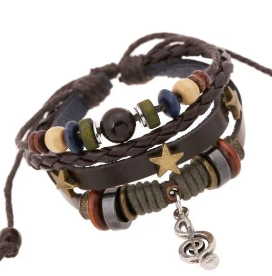 Punk Beaded Leather Multilayer Wrap Bracelet Mens Vintage Alloy Star Music Note Charm Pendant Bracelet Men Jewelry