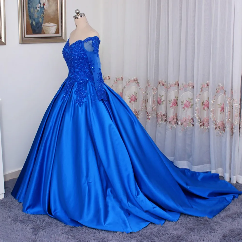 V neck Blue Evening Dress With Long Sleeves Lace A line Princess 2022 Applique Illusion Sequined Beaded Corset Back Quinceanera Party Dress