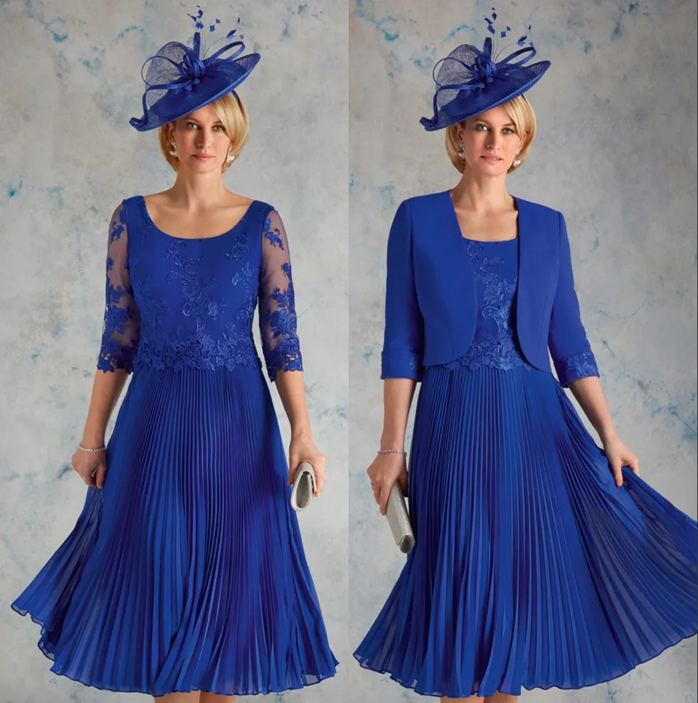 Robes mère de la mariée en dentelle bleu royal, col rond avec demi-manches, robe d'invité de mariage plissée en mousseline de soie, longueur aux genoux, robes de soirée 326 326