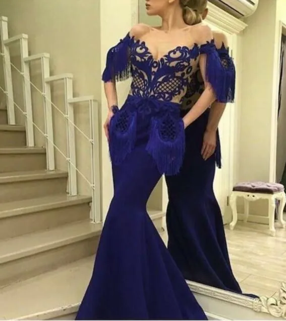 Evening dress Yousef aljasmi Kim kardashian V-Neck Appliqued Lack Mermaid Tassels Almoda gianninaazar ZuhLair murad