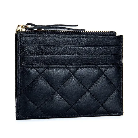 fashion new ID bank card coin bag plaid sheepskin ultra thin zipper leather business card holder wallet 4 slots